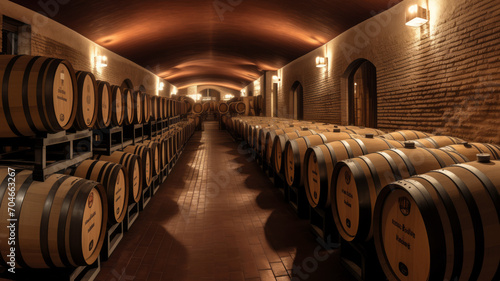Atmospheric wine cellar with rows of wooden barrels on racks, illuminated by soft, warm lighting
