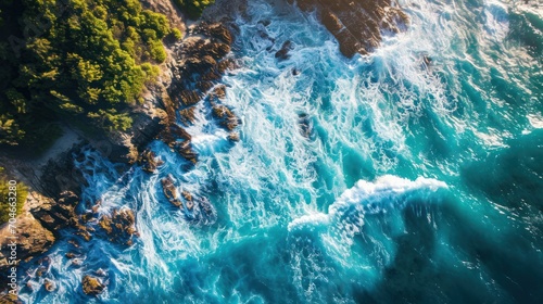  a bird's eye view of a body of water with a cliff in the background and trees in the foreground.