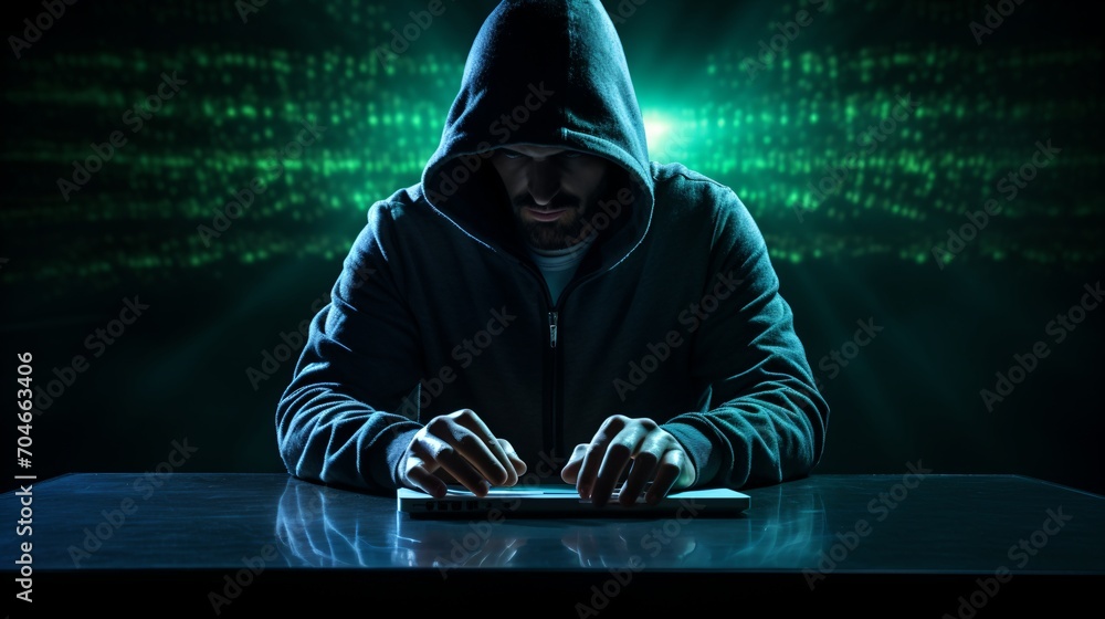 A hacker in a black hoodie is typing on a keyboard in front of a green matrix background