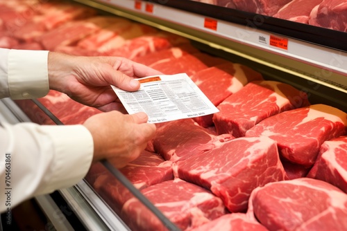 Person holding a paper in front of a meat display case