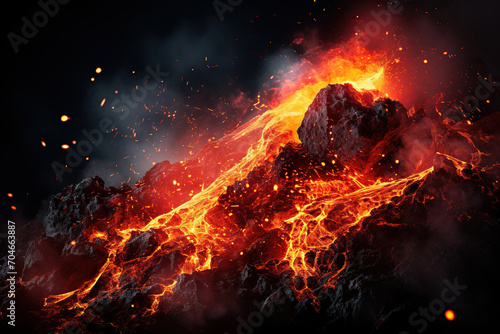 Eruption. Hot lava flows down the surface of the volcano. Generated by artificial intelligence photo