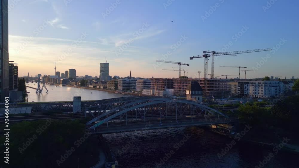 Treptower Park bridge Berlin sunset tv tower. Beautiful aerial view flight drone Treptower Park bridge Berlin sunset tv tower. Beautiful aerial view flight drone