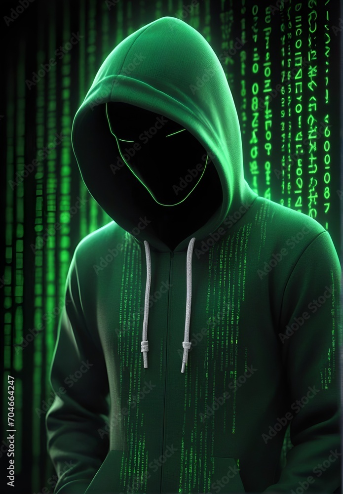 man, hacker, in a green sports coat with a hood on his head on a green background with a binary code man, hacker, in a green sports coat with a hood on his head on a green background with a binary code