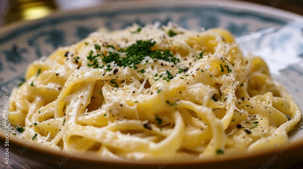  a close up of a plate of pasta with parmesan cheese and parsley on the top of it.