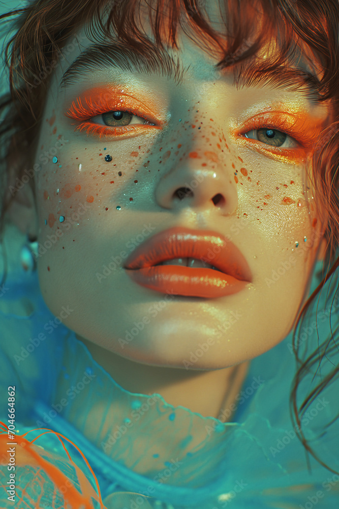 A bold and vibrant woman with freckles and orange makeup accentuating her human face, fluttering eyelashes, glossy lips, and flawless skin, gazes confidently into the camera in this stunning portrait