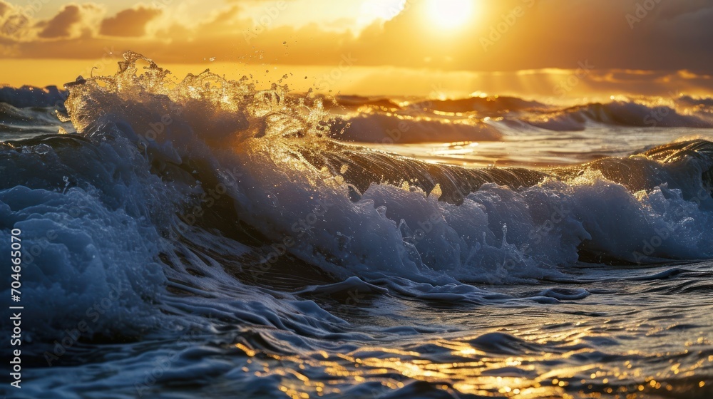  a close up of a wave in the ocean with the sun setting in the background and clouds in the sky.