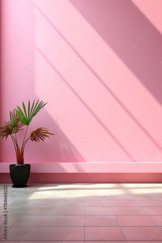 pink room with potted palm