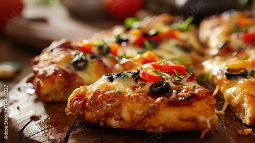  a close up of a slice of pizza on a cutting board with tomatoes, olives, and other toppings.