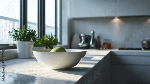  a white bowl sitting on top of a counter next to a potted plant and a potted plant in front of a window.