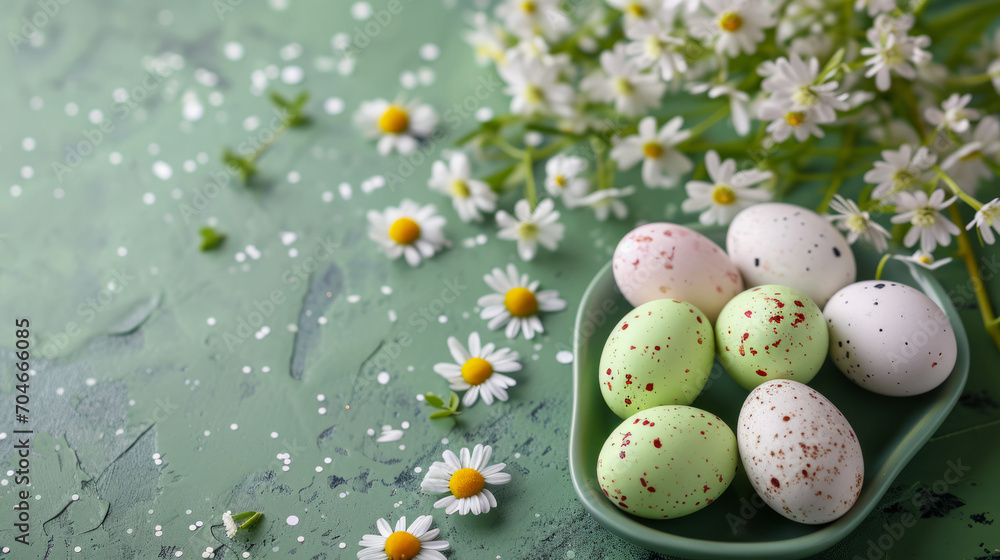 Easter greeting card with pastel easter eggs decorated with white flowers Easter greeting card with pastel easter eggs decorated with white flowers