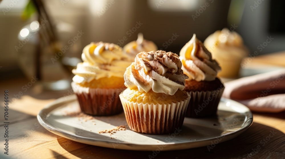 a close up of a plate of cupcakes with frosting and cinnamon sprinkles on top. a close up of a plate of cupcakes with frosting and cinnamon sprinkles on top.