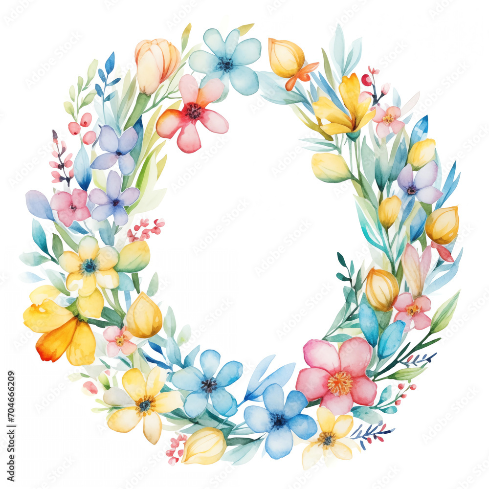 Easter floral wreath with blue and yellow flowers. Watercolor spring botanical illustration on white background for cards design. Easter floral wreath with blue and yellow flowers. Watercolor spring botanical illustration on white background for cards design.