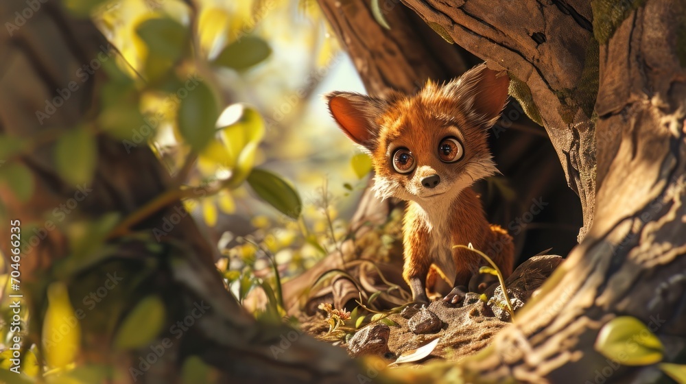 a close up of a small animal near a tree with leaves on the ground and a tree trunk in the background. a close up of a small animal near a tree with leaves on the ground and a tree trunk in the background.