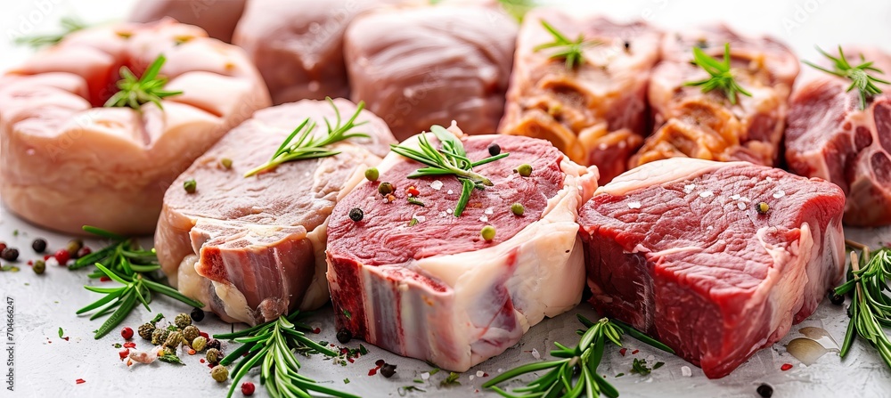 Assorted raw meat products divided by vertical lines in collage with bright white light