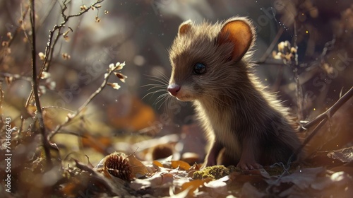  a close up of a small animal in a field of leaves and grass with a pine cone in the foreground.