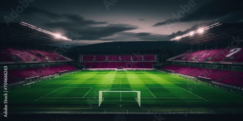 Empty soccer stadium at night with purple seats and green field