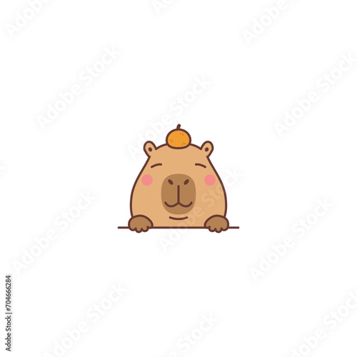 Cute capybara with orange on head cartoon, vector illustration