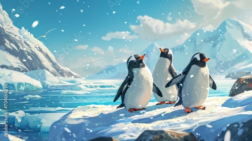  a group of penguins standing on top of a snow covered mountain next to a body of water with icebergs in the background.