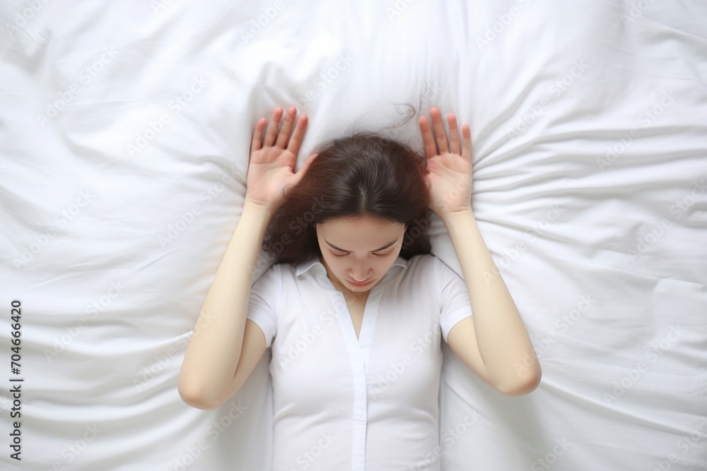 A woman lying on a bed with her hands on her head A woman lying on a bed with her hands on her head