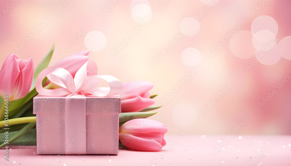 pink tulip flowers and gift box with tape bow on bokeh background for woman day or valentine day holiday card decor pink tulip flowers and gift box with tape bow on bokeh background for woman day or valentine day holiday card decor