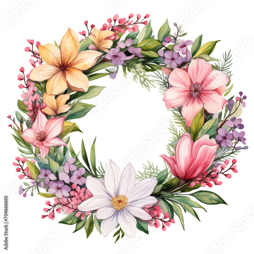 Boho floral wreath with flowers. Watercolor botanical illustration on white background for cards design.