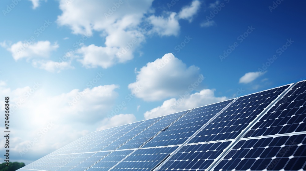 Solar panels close up against blue sky, clean and sustainable power generation concept.