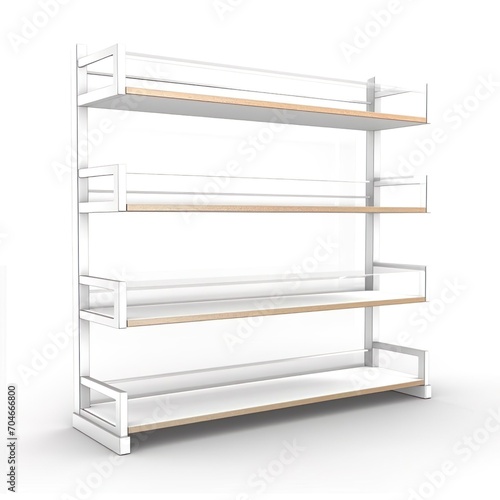 Emty shelf rack retail display case on a white background.