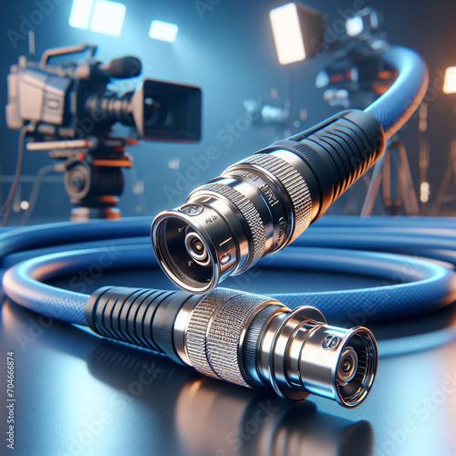 Professional data and video cables with blue sheaths and shiny chrome connectors, in a television broadcast news studio and audio visual installation. photo