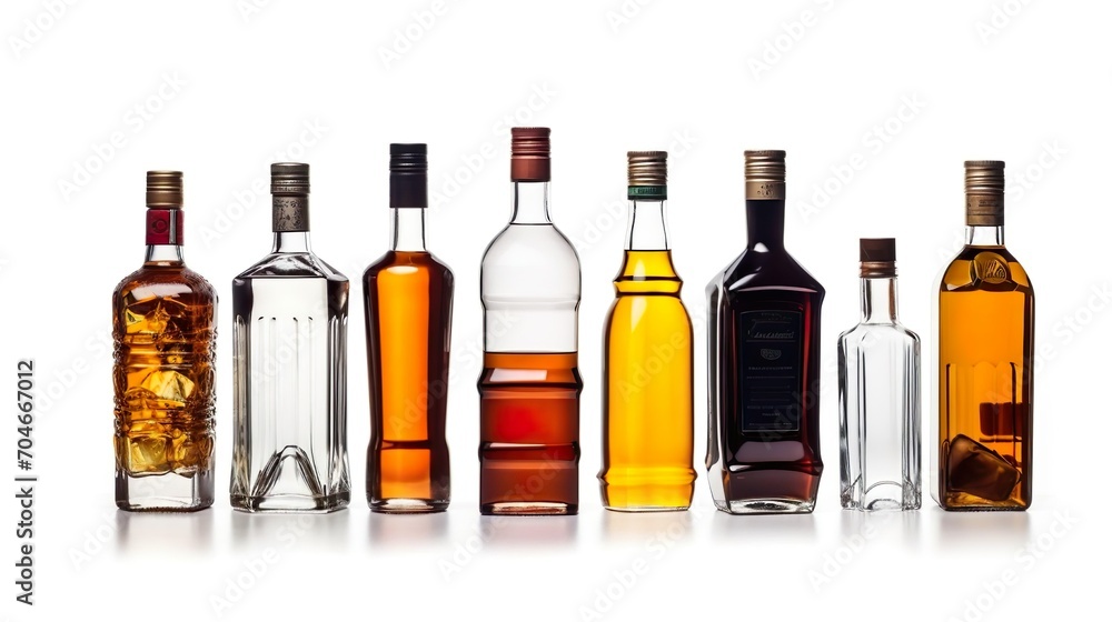 Different alcohol drinks bottles isolated on white background.