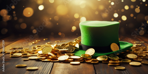 A festive St. Patrick's Day setup with a green hat and scattered gold coins on a wooden surface, illuminated by soft, sparkling lights in the background.