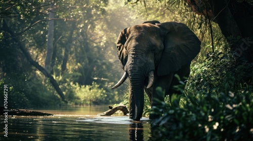  an elephant is walking through the water in a wooded area with trees and bushes on either side of the water.