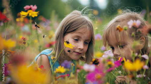 two girls playing with dandelions
