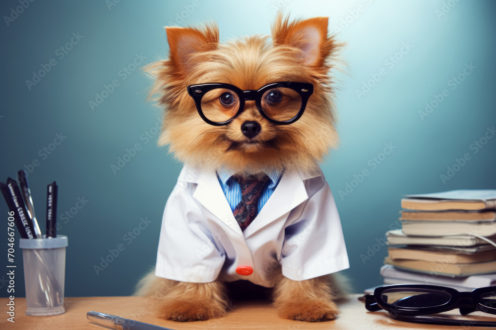A small dog with fluffy tan fur, wearing a white lab coat, tie, and oversized glasses, looking like a doctor. A small dog with fluffy tan fur, wearing a white lab coat, tie, and oversized glasses, looking like a doctor.