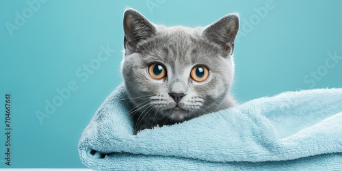 Gray cats wrapped in a blue blanket on a blue background in soft light