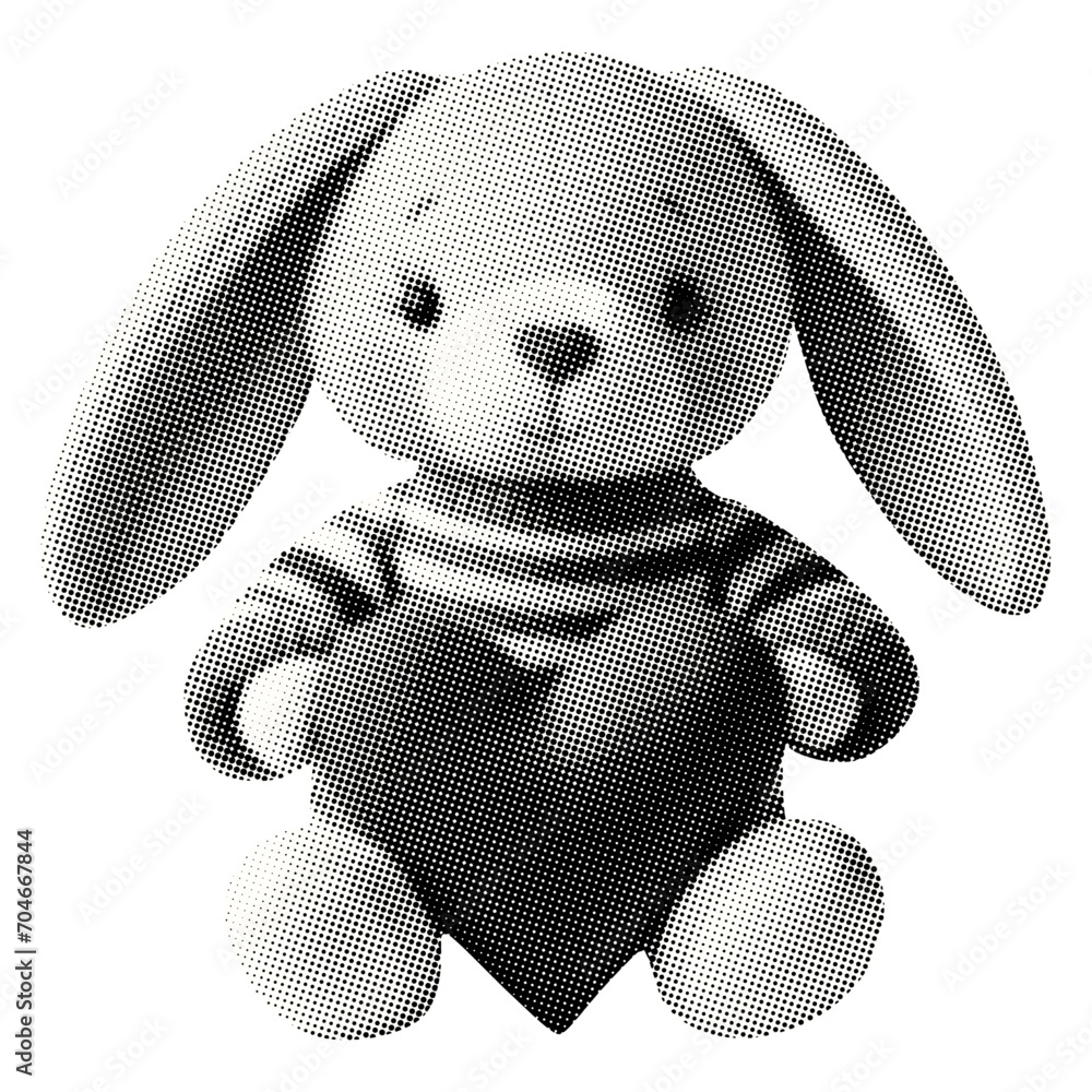 cute toy bunny in striped sweater holds heart isolated retro pop art halftone effect collage element for mixed media dotted texture - obrazy, fototapety, plakaty 