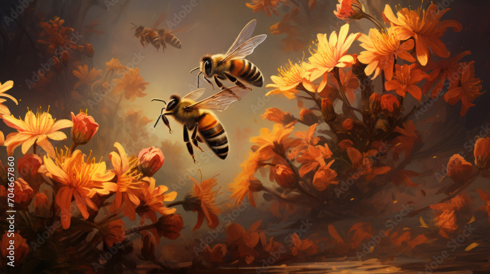 Graceful movements of bees as they navigate around the hive - obrazy, fototapety, plakaty 