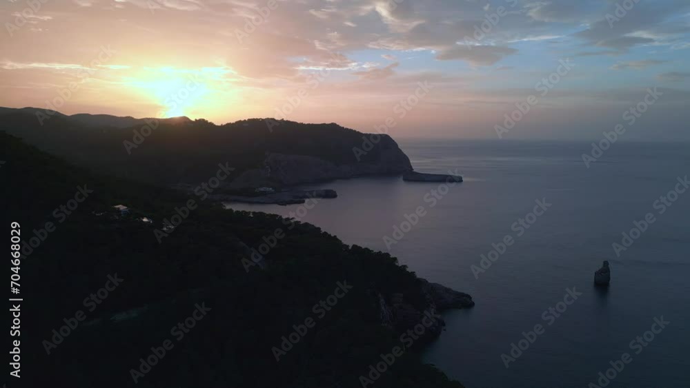 Island bay Ibiza Mountain Sunset colorful Cloud. Great aerial view flight drone Island bay Ibiza Mountain Sunset colorful Cloud. Great aerial view flight drone