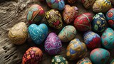  a group of colorful painted eggs sitting on top of a wooden table next to a piece of wood with a heart on it.