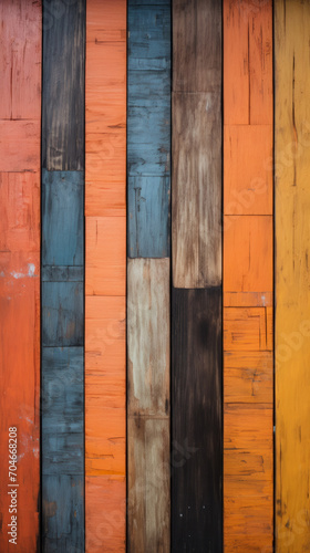 Rustic wooden planks background, colorful vertical reclaimed wood, distressed paint barn wall, vintage multi colored boards, textured lumber backdrop.