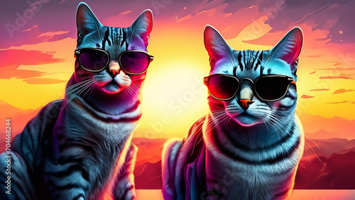4K funny cute cat wearing sunglasses with sunset in the background