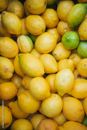 Top view of a bunch of colorful lemons in a fruit market in Chile
