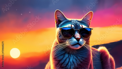 4K funny cute cat wearing sunglasses with sunset in the background © Igor