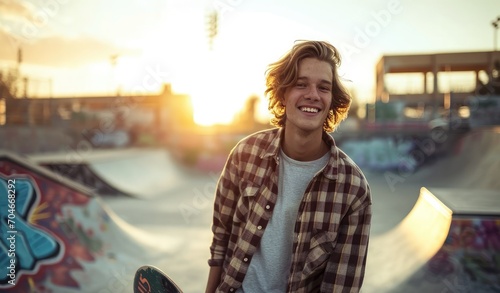 A cheerful young man with a skateboard in an urban skate park photo
