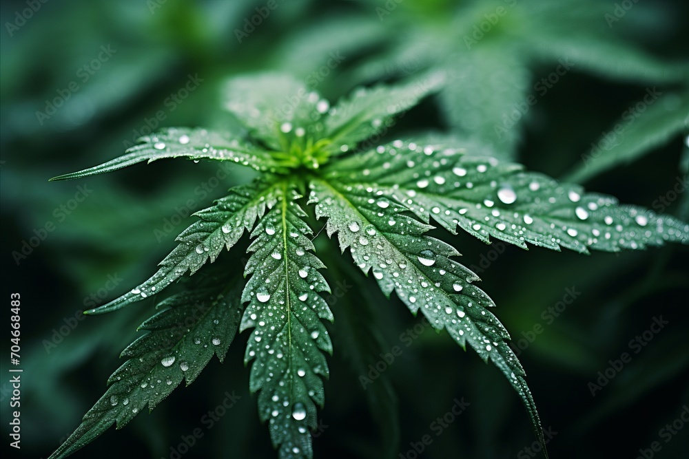 Vibrant and surreal ultra hd 3d marijuana effect with dew drops on leaves in morning fog Vibrant and surreal ultra hd 3d marijuana effect with dew drops on leaves in morning fog
