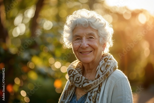 Elderly European Woman Smiling in Sunlit Garden