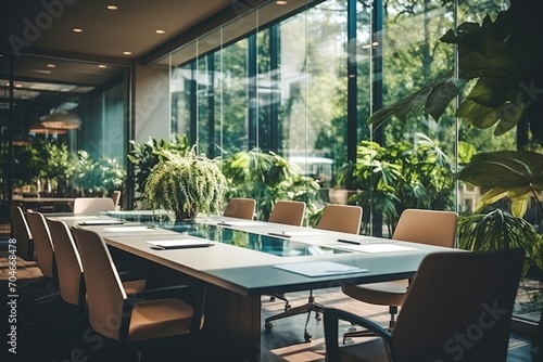 Modern office interior with large windows and plants