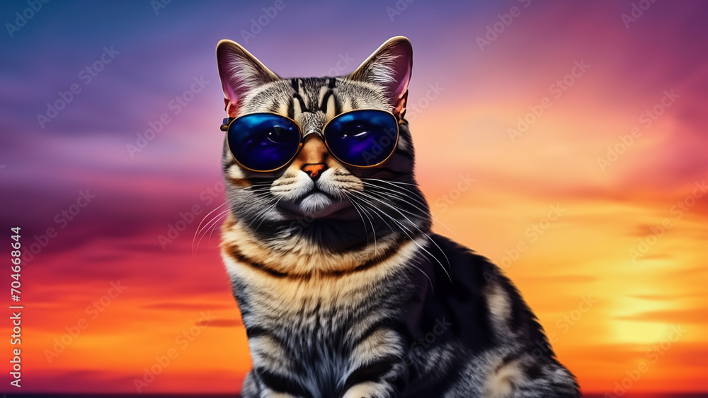 Funny cute fluffy cat in sunglasses with sunset in the background. 4K wallpaper illustration
