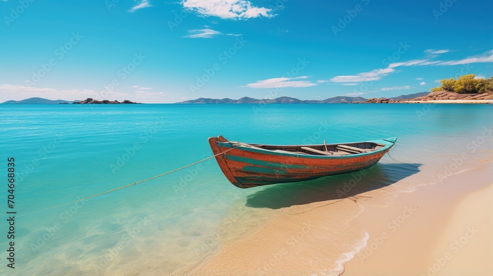 Wooden boat on a beach with turquoise water and white sand