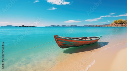 Wooden boat on a beach with turquoise water and white sand