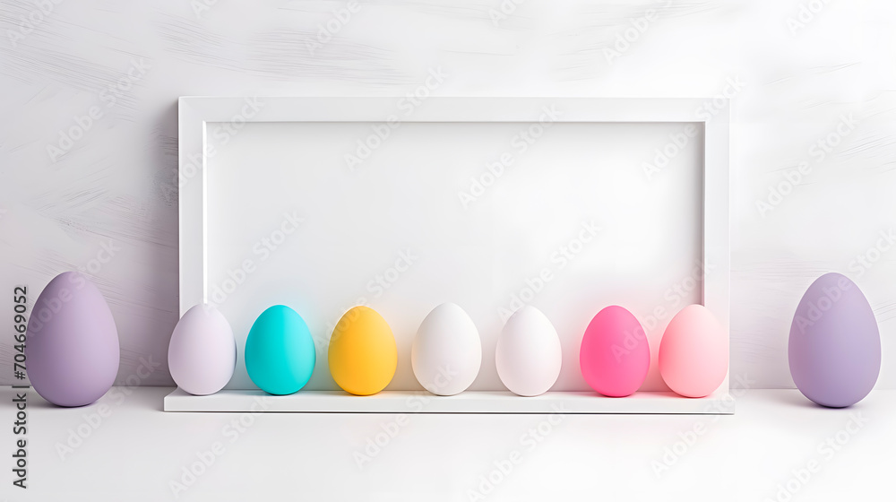 Fototapeta premium An empty white frame to place a text or messages surrounded by colored Easter eggs.